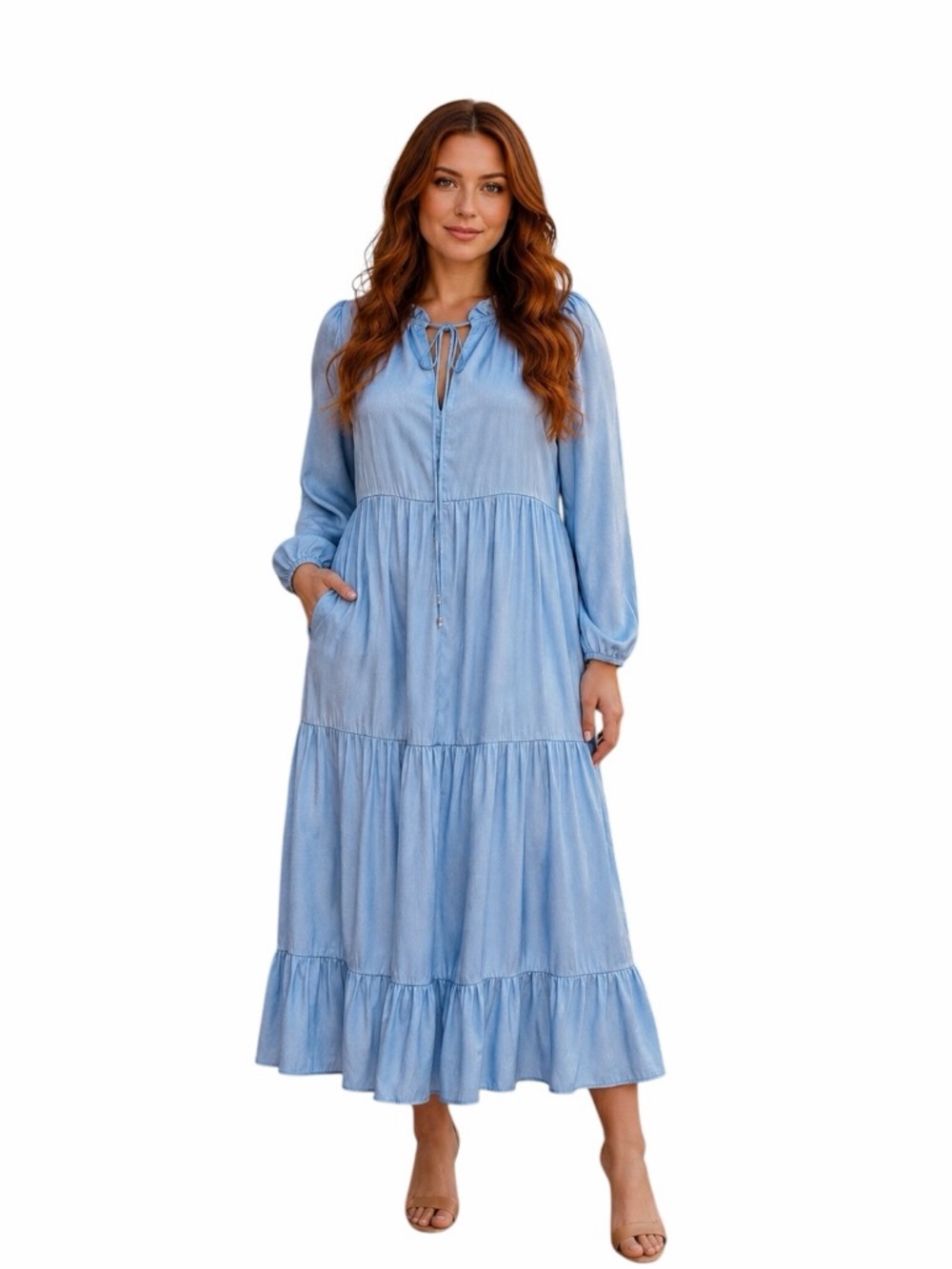 Calista Large Ice Blue Prairie Ruffle Maxi Dress w/ Pockets Cottagecore